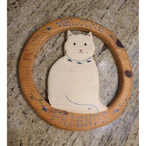 Wood Welcome Friends Round Sign Cut out White Cat Hand Painted 80's Hearts 10.5"
